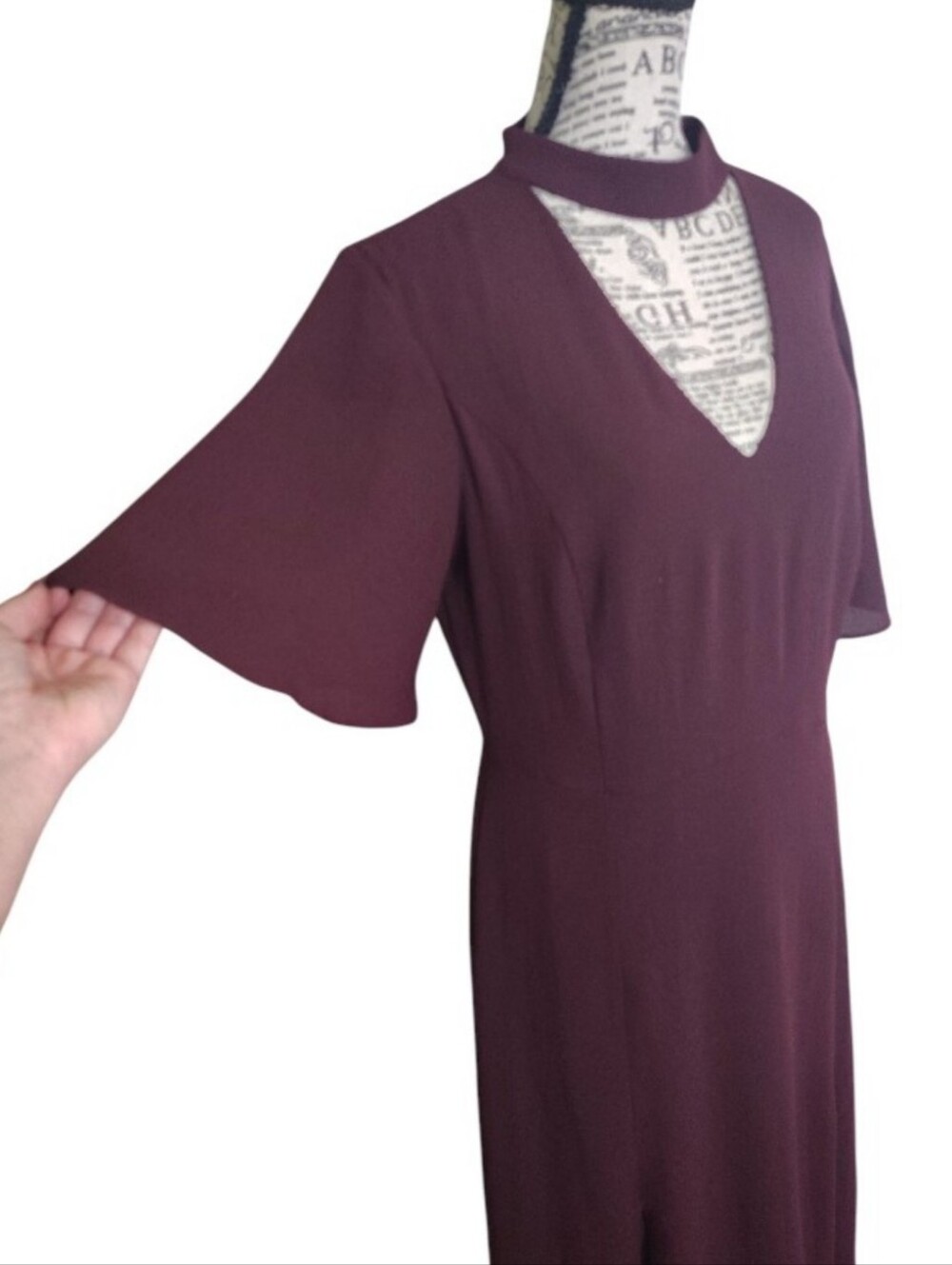 Ann Taylor Burgundy Choker Neck Flutter Sleeve Midi Dress SZ 8 - Picture 6 of 10